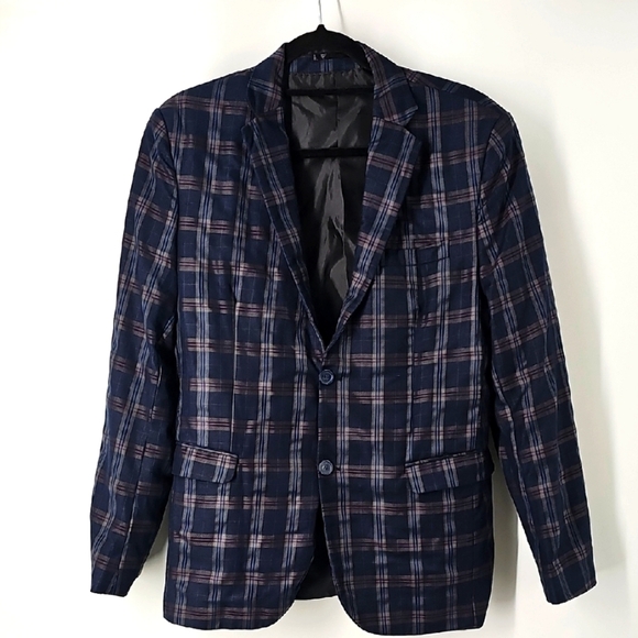 BooHoo Man Blue Plaid Blazer Jacket - Picture 1 of 10